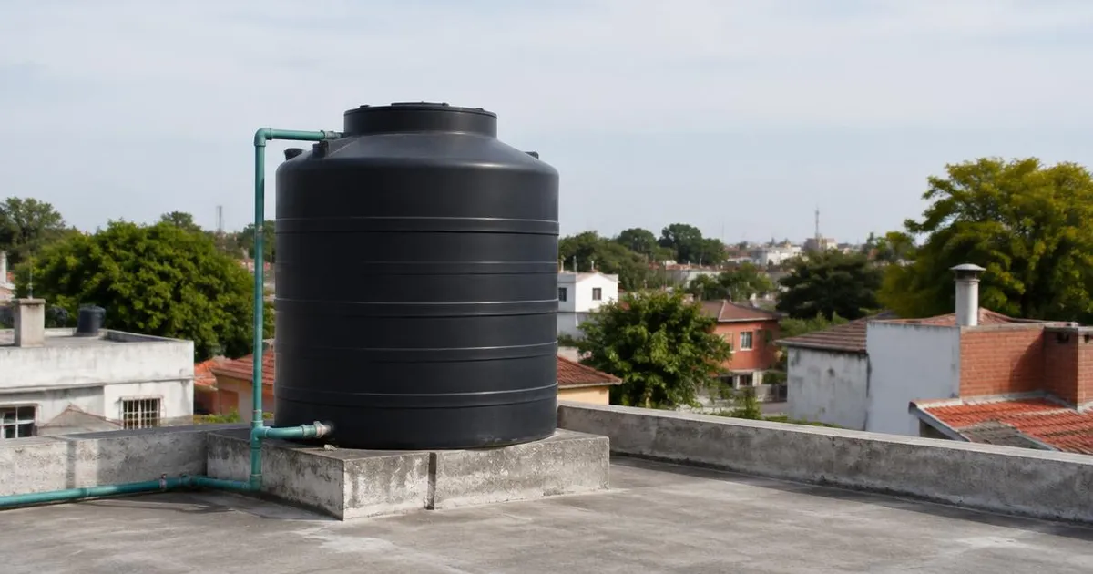 Tanque de agua plástico negro con tapa cerrada sobre una terraza de una casa del conurbano