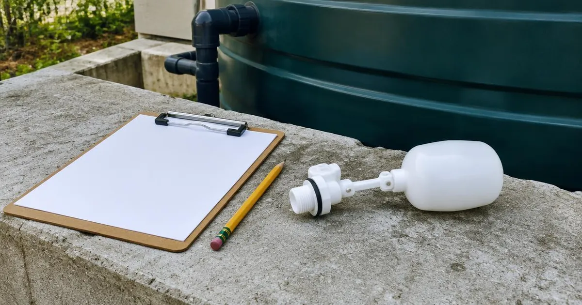 Planilla en blanco con lápiz y un flotante de tanque apoyados junto a un tanque de agua