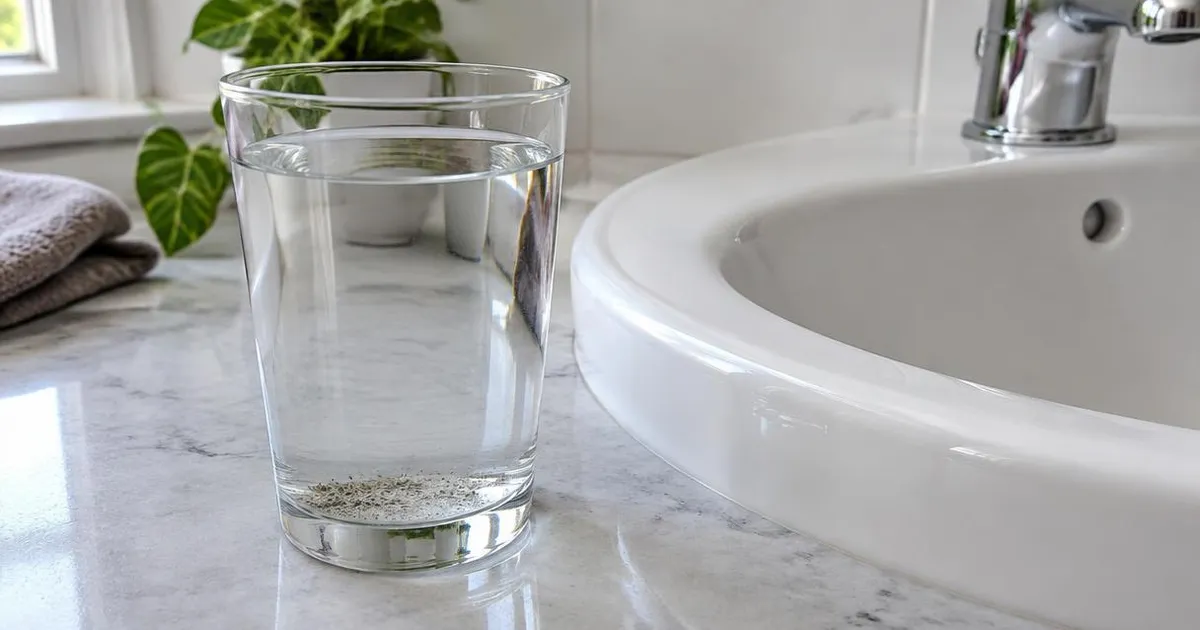 Vaso de agua con sedimento fino en el fondo apoyado junto a un lavatorio blanco